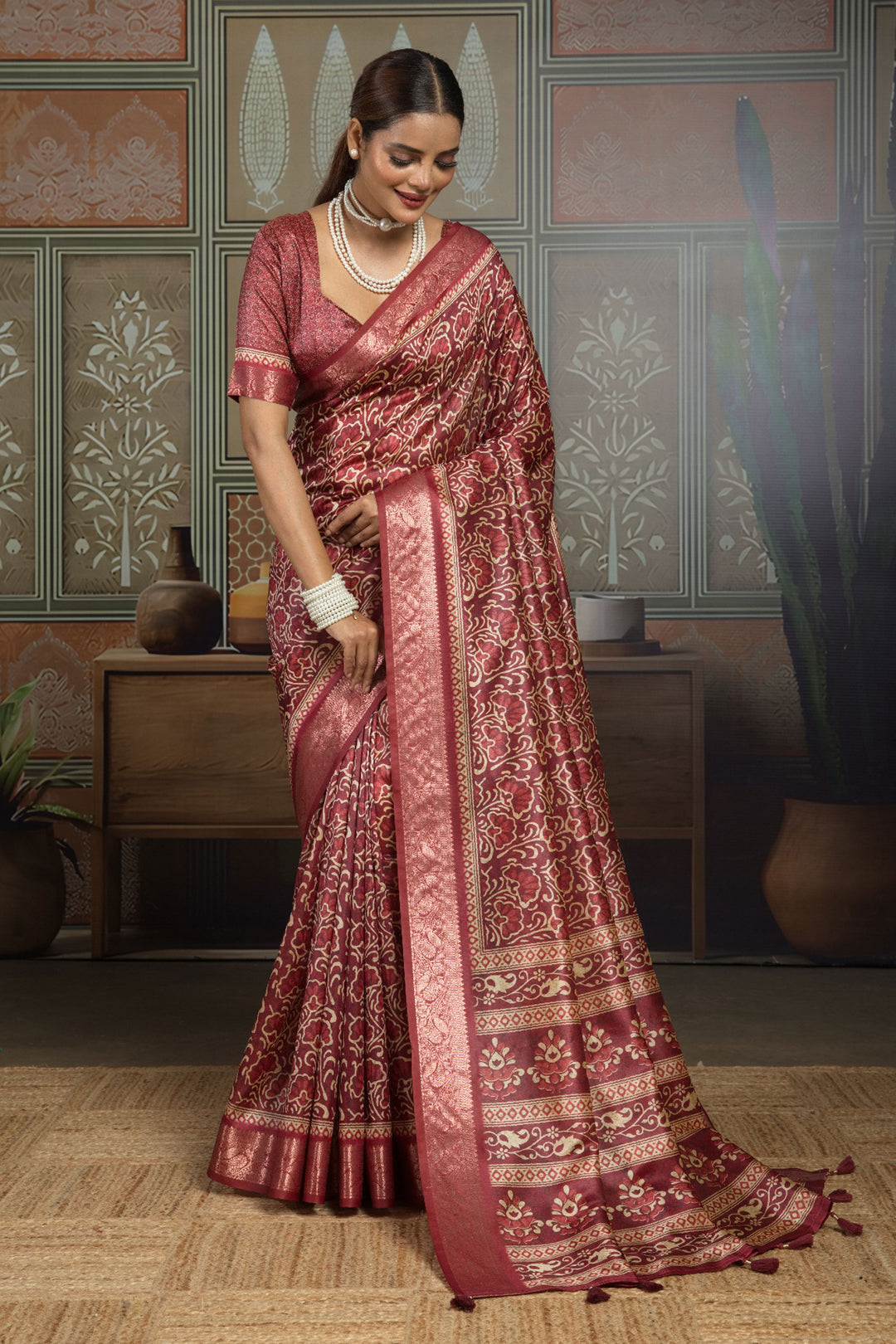 Beguiling Maroon Color Art Silk Weaving Border Printed Saree | Buy Online India