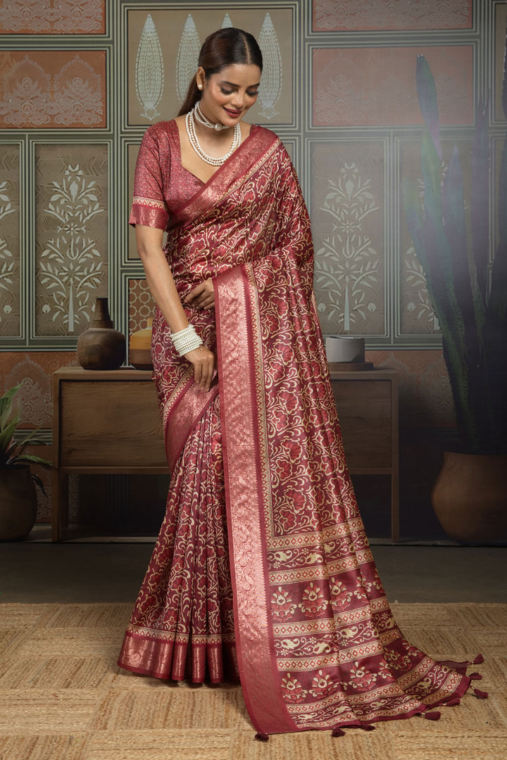 Beguiling Maroon Color Art Silk Weaving Border Printed Saree | Buy Online India