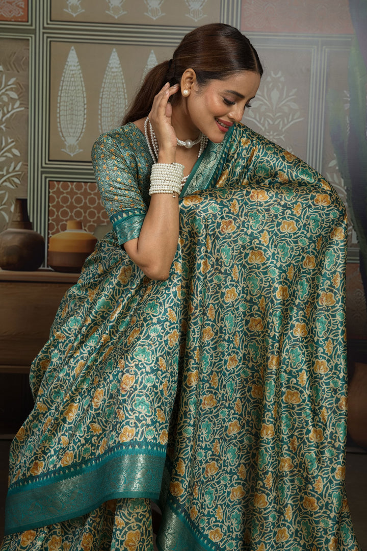 Tempting Art Silk Green Color Weaving Border Printed Saree | Buy Online India