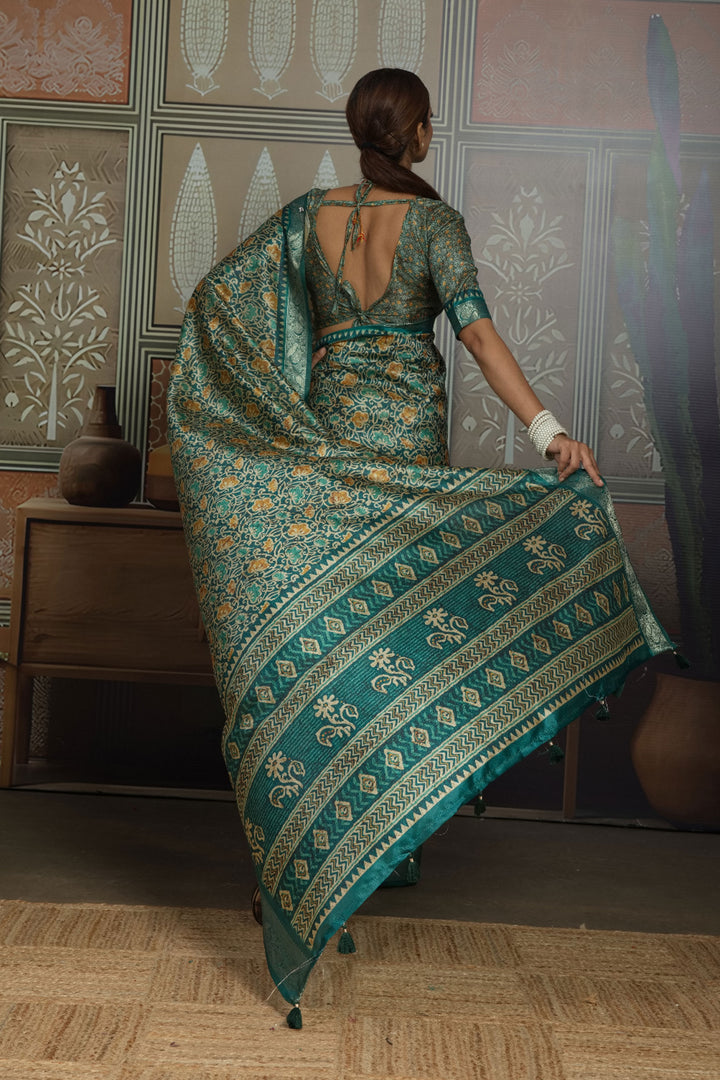 Tempting Art Silk Green Color Weaving Border Printed Saree | Buy Online India
