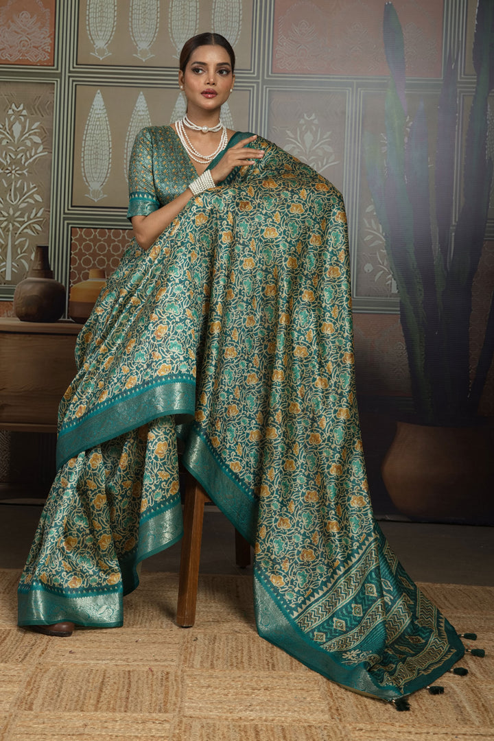Tempting Art Silk Green Color Weaving Border Printed Saree | Buy Online India