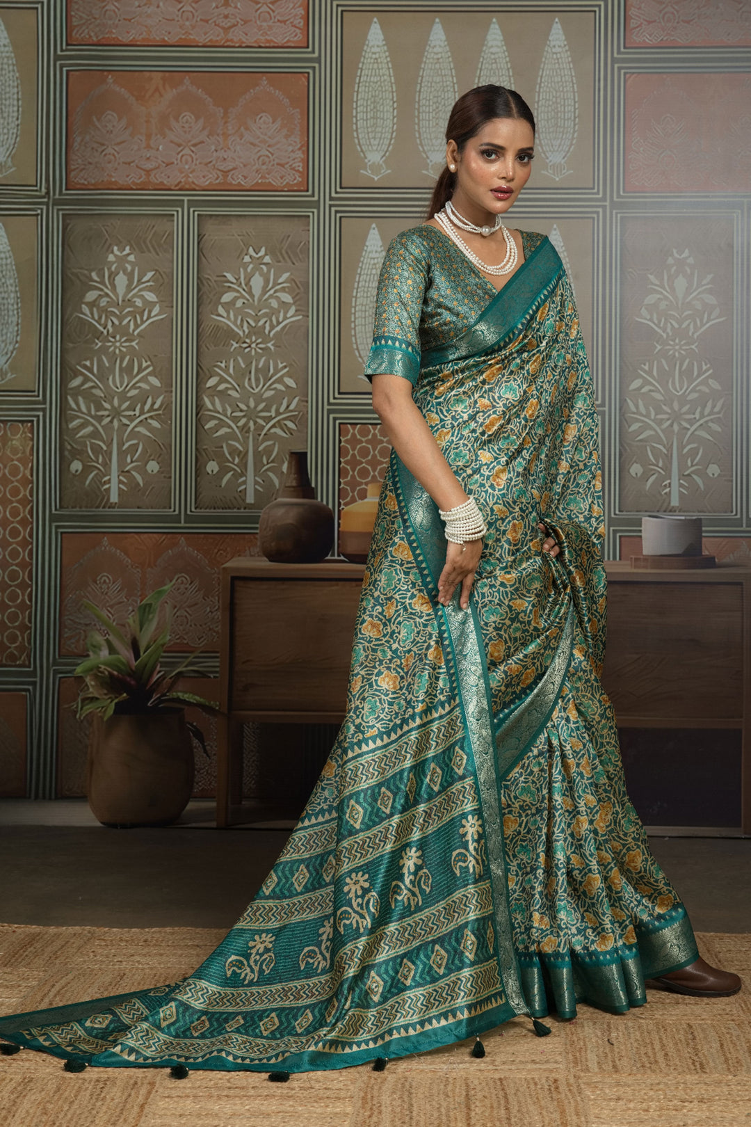 Tempting Art Silk Green Color Weaving Border Printed Saree | Buy Online India