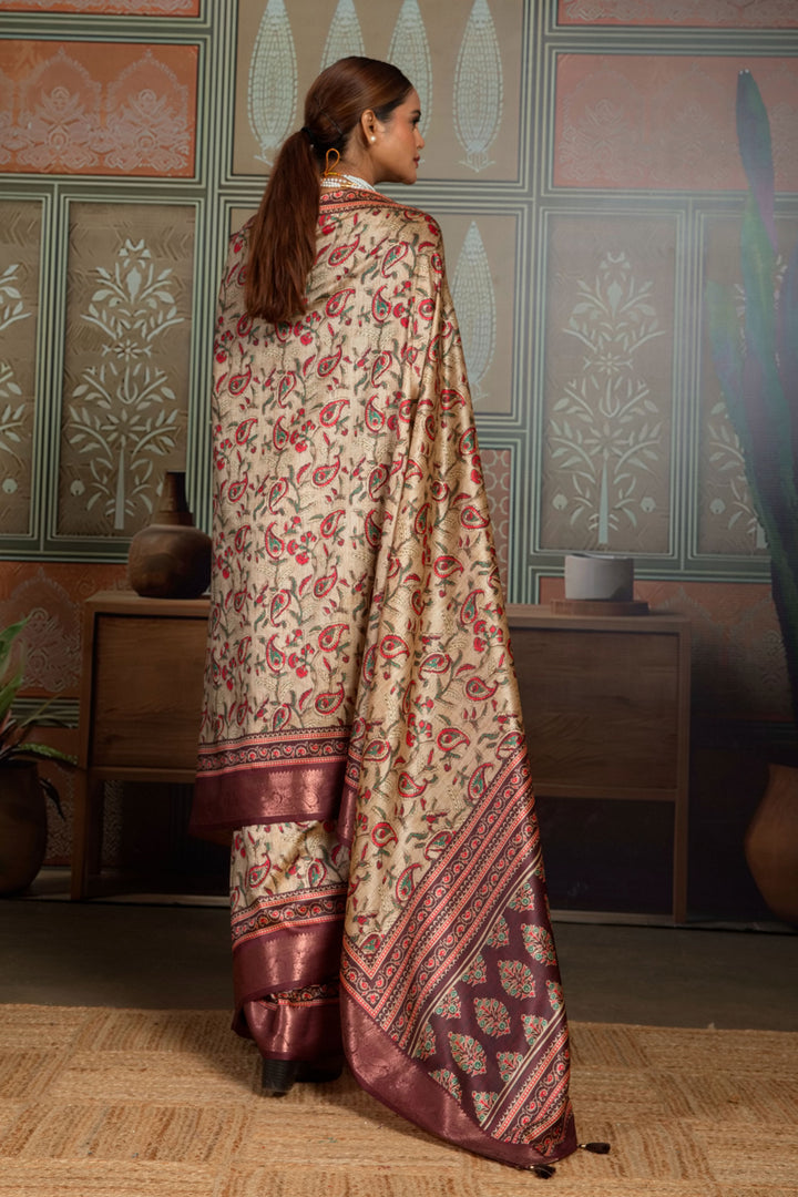 Engaging Beige Color Art Silk Weaving Border Printed Saree | Buy Online India