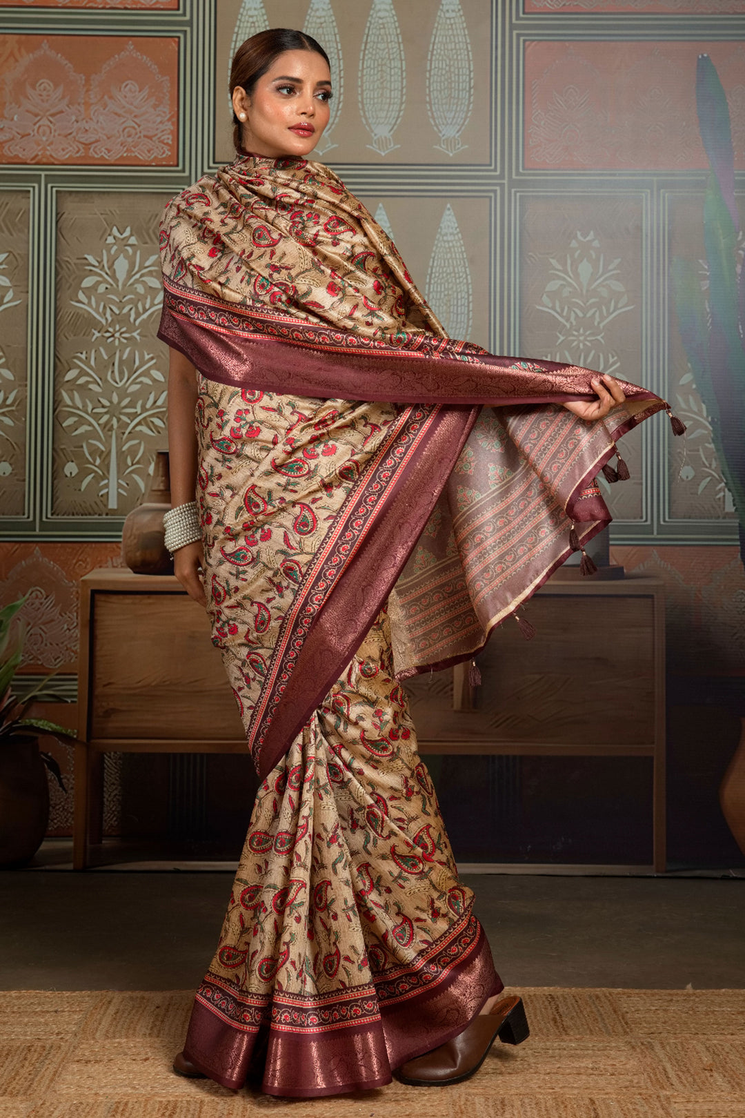 Engaging Beige Color Art Silk Weaving Border Printed Saree | Buy Online India