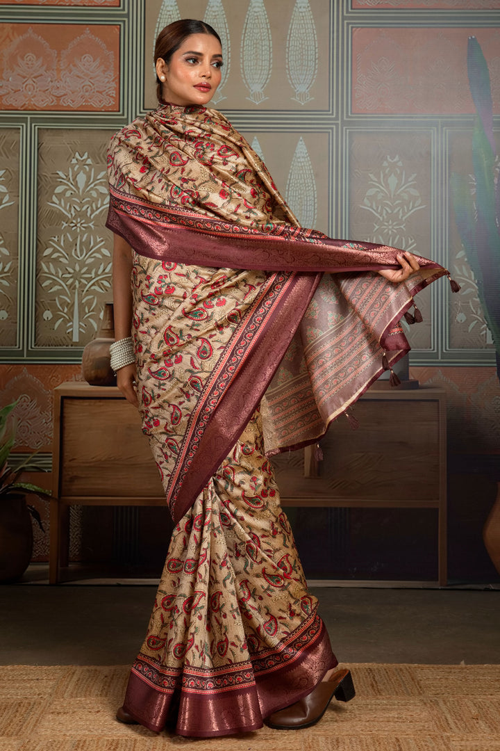 Engaging Beige Color Art Silk Weaving Border Printed Saree | Buy Online India