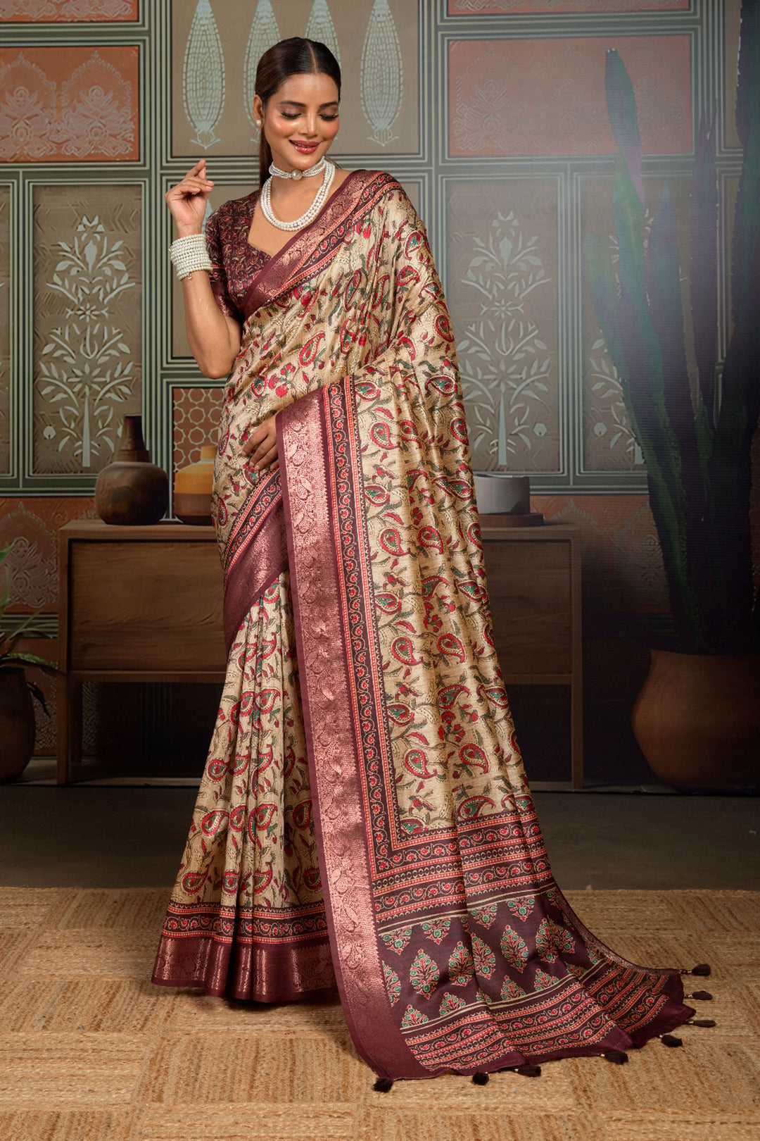 Engaging Beige Color Art Silk Weaving Border Printed Saree | Buy Online India
