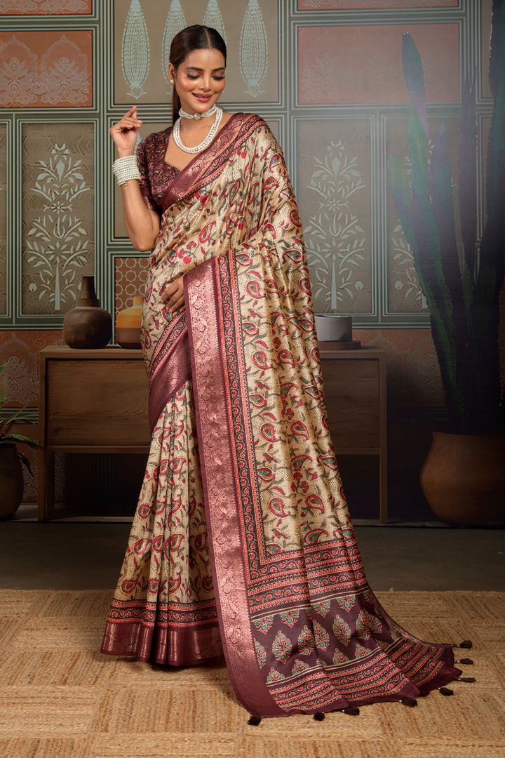 Engaging Beige Color Art Silk Weaving Border Printed Saree | Buy Online India