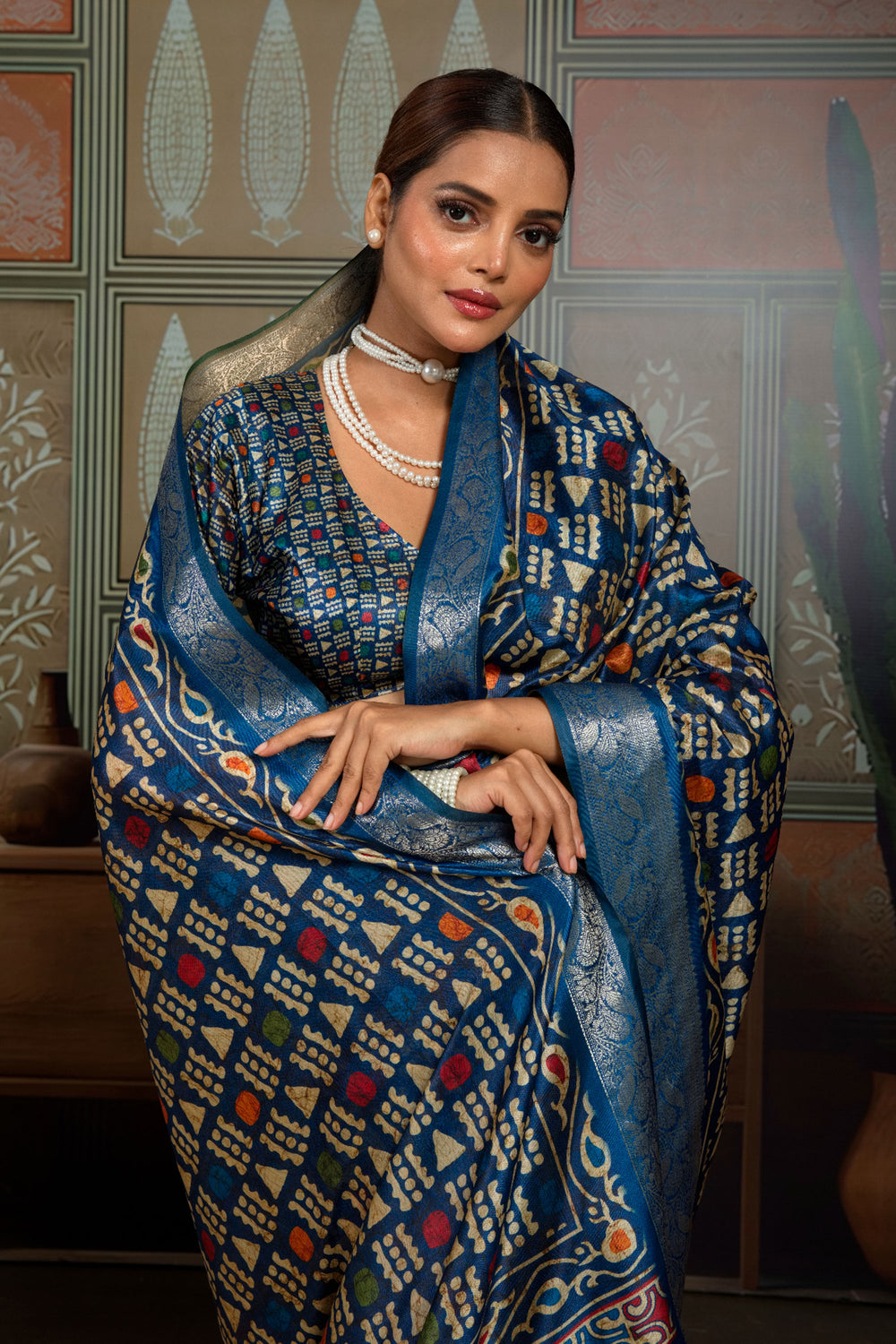 Classic Blue Color Weaving Border Printed Art Silk Saree | Buy Online India