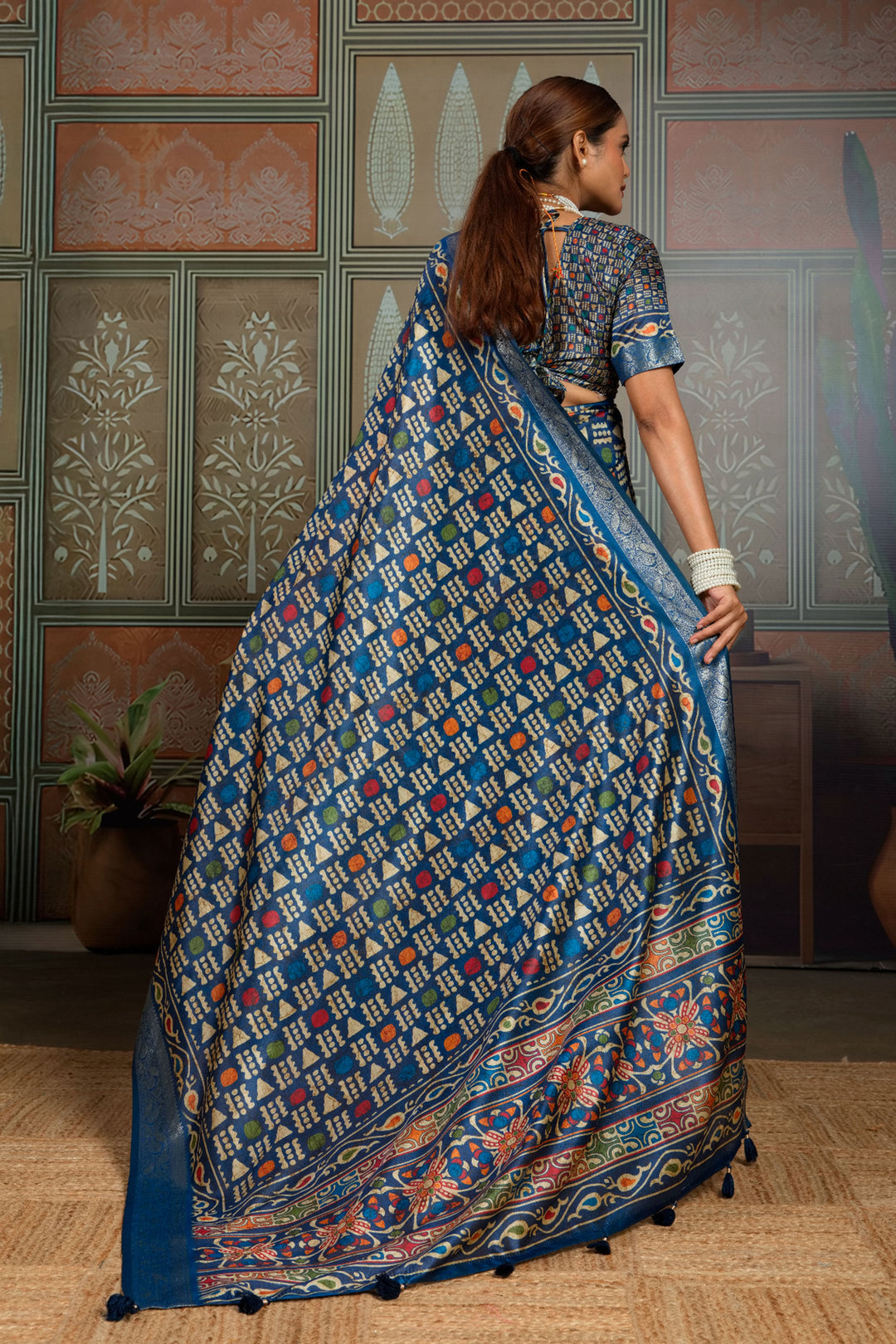 Classic Blue Color Weaving Border Printed Art Silk Saree | Buy Online India