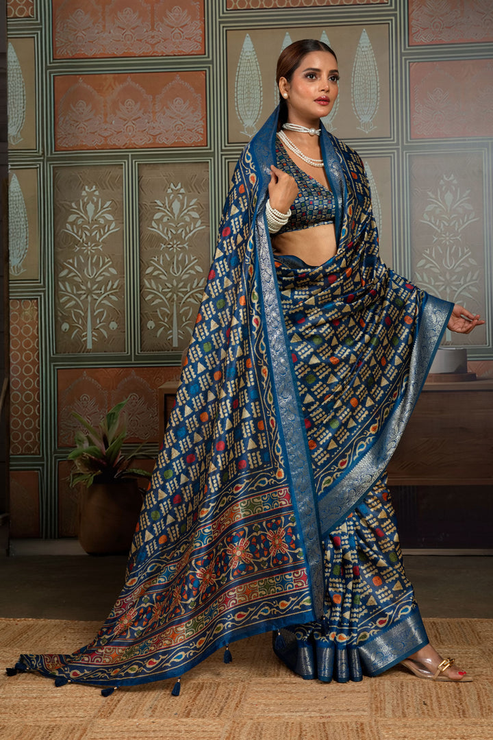 Classic Blue Color Weaving Border Printed Art Silk Saree | Buy Online India