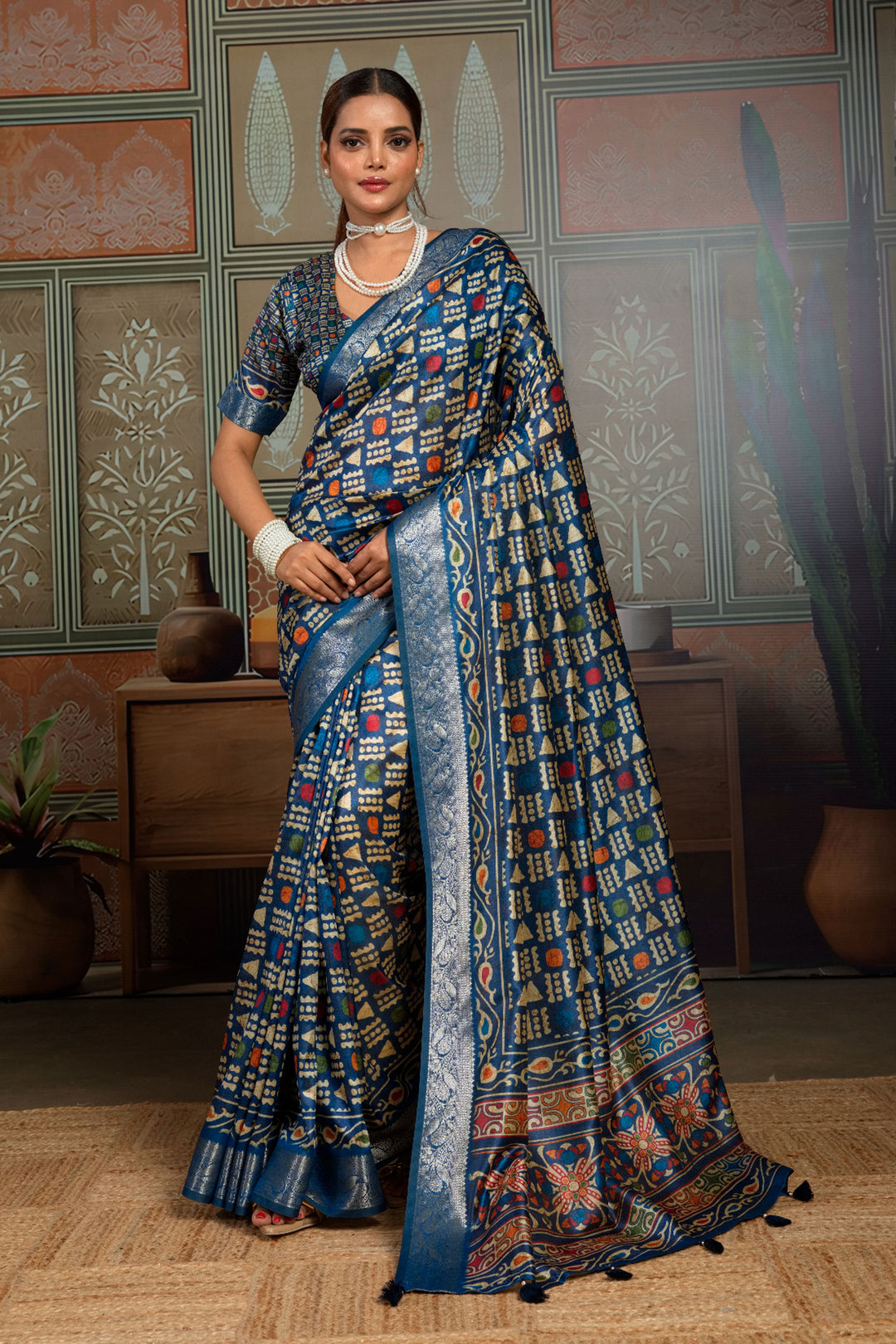 Classic Blue Color Weaving Border Printed Art Silk Saree | Buy Online India