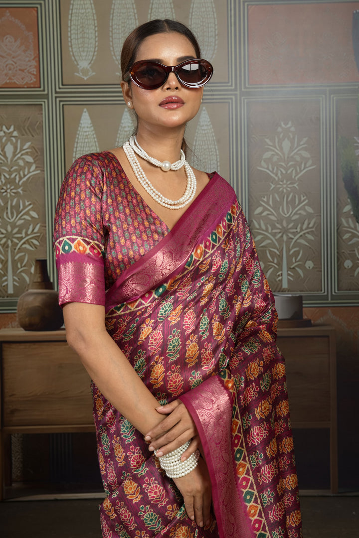 Creative Weaving Border Printed Art Silk Saree In Magenta Color | Buy Online India