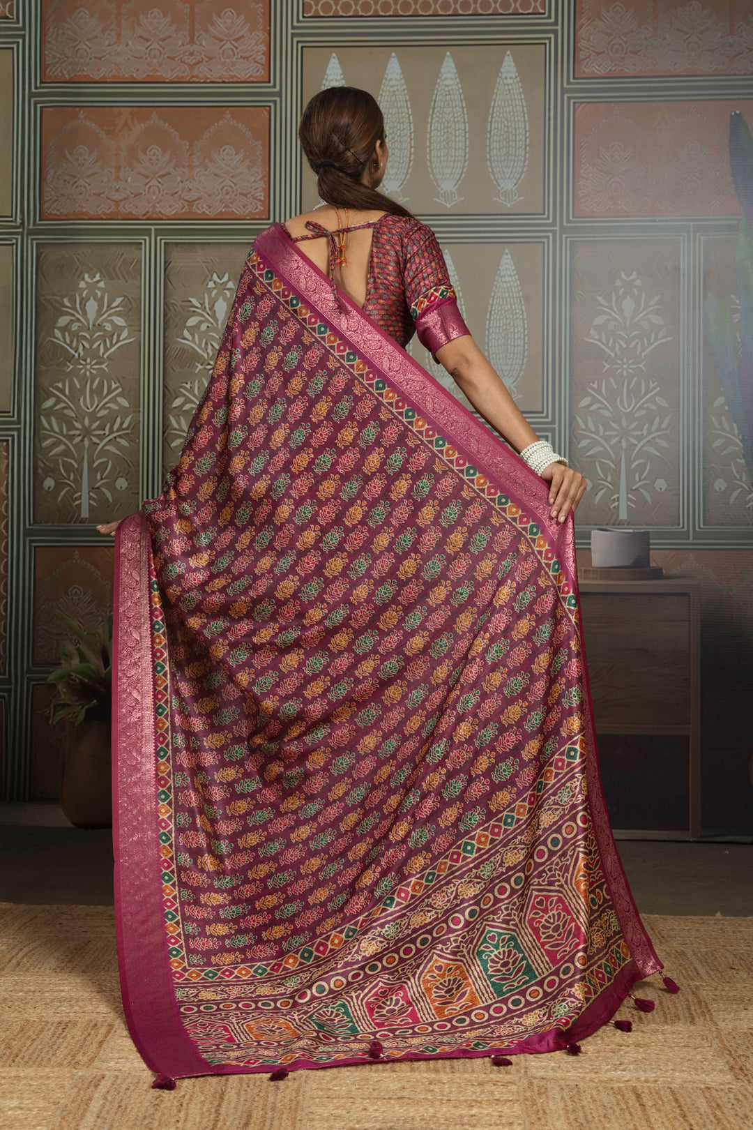 Creative Weaving Border Printed Art Silk Saree In Magenta Color | Buy Online India
