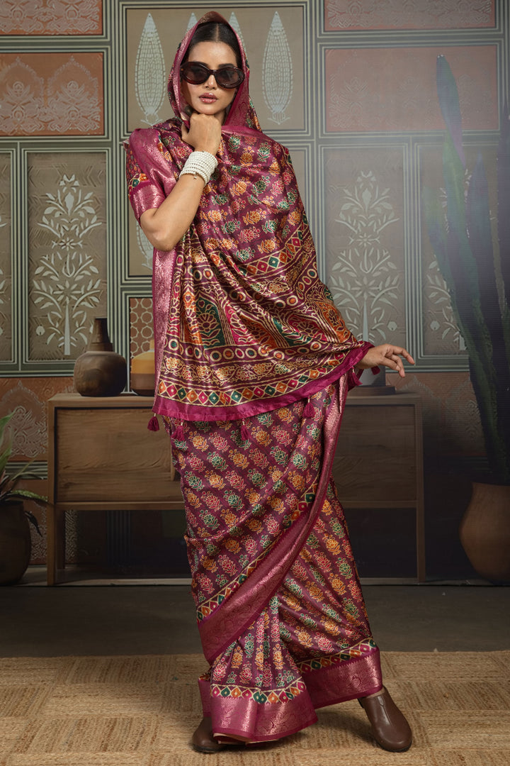 Creative Weaving Border Printed Art Silk Saree In Magenta Color | Buy Online India