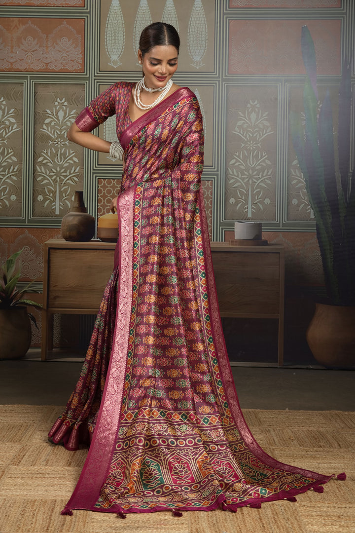 Creative Weaving Border Printed Art Silk Saree In Magenta Color | Buy Online India