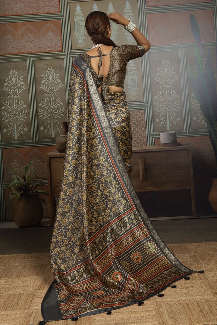 Marvellous Art Silk Weaving Border Printed Saree In Black Color | Buy Online India