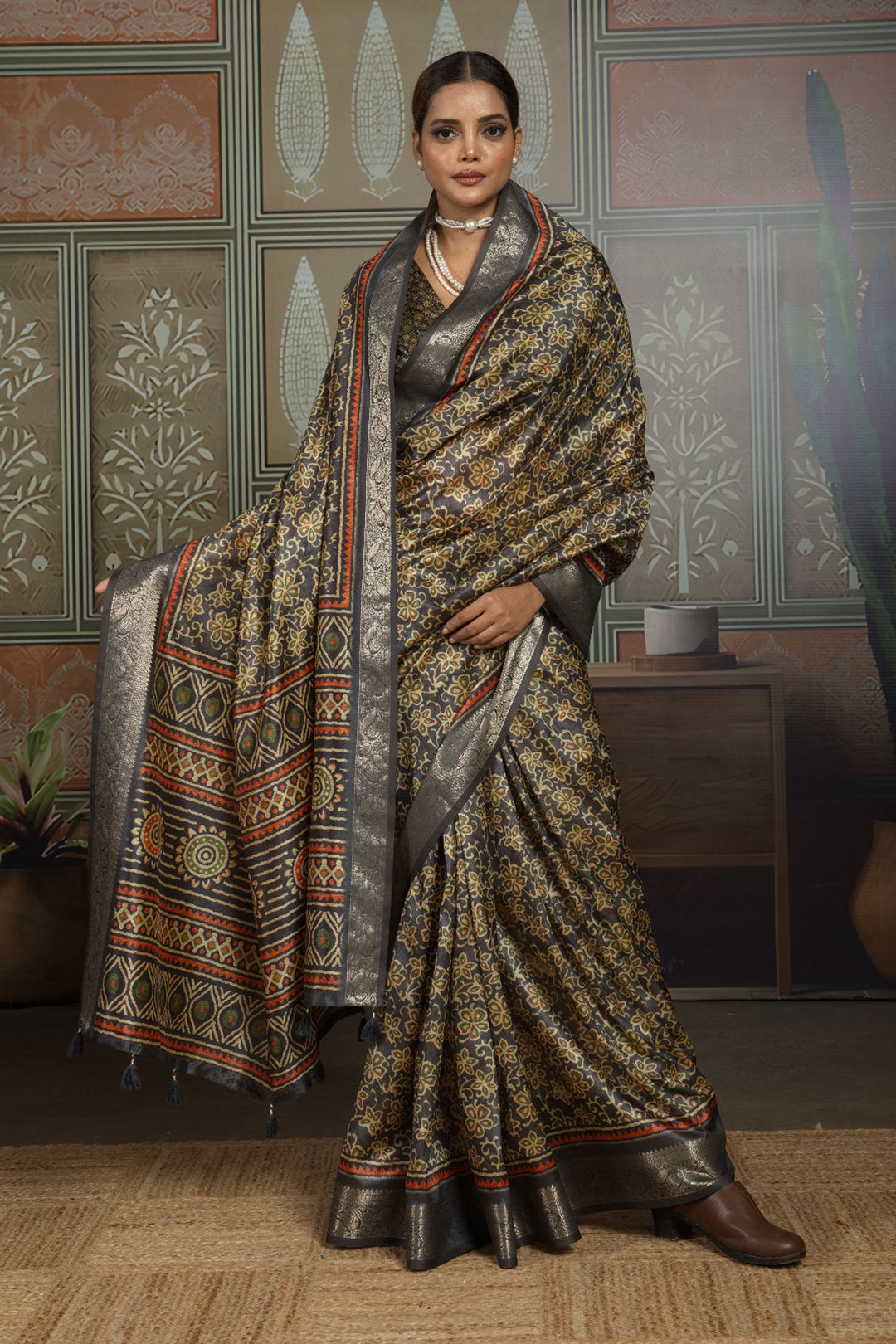 Marvellous Art Silk Weaving Border Printed Saree In Black Color | Buy Online India
