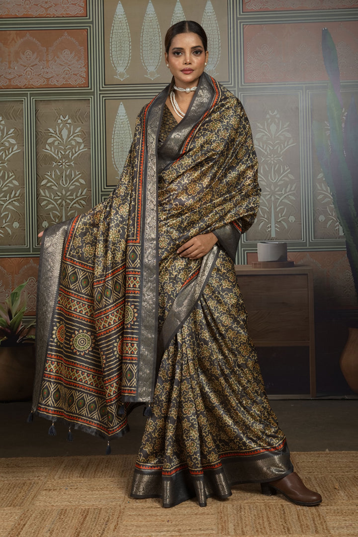 Marvellous Art Silk Weaving Border Printed Saree In Black Color | Buy Online India