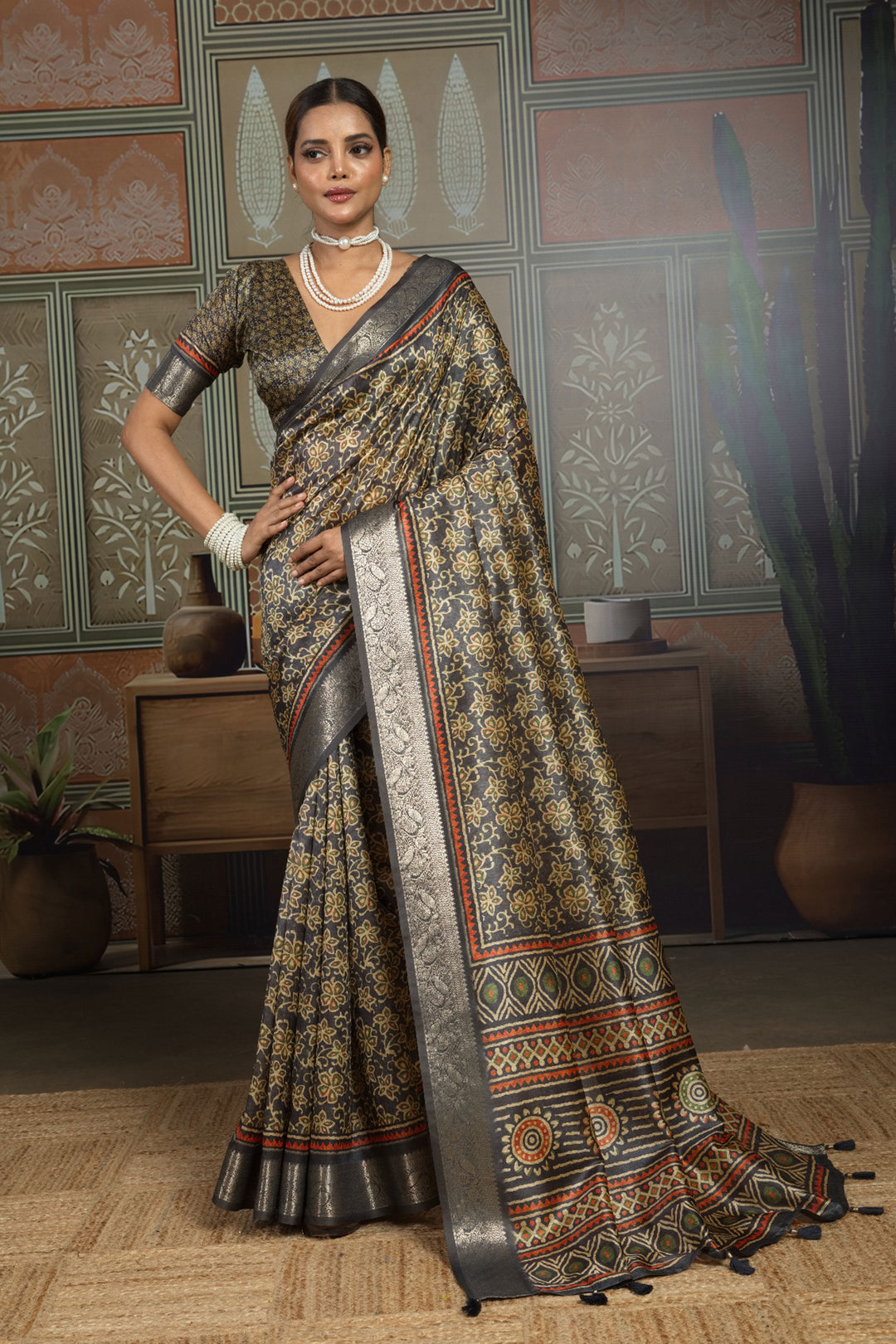 Marvellous Art Silk Weaving Border Printed Saree In Black Color | Buy Online India