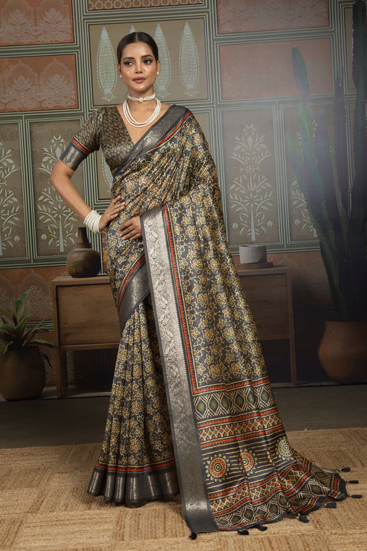 Marvellous Art Silk Weaving Border Printed Saree In Black Color | Buy Online India