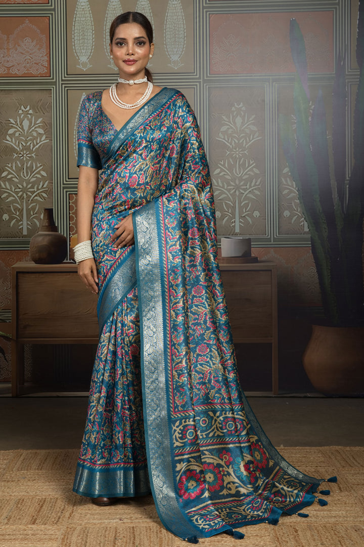 Amazing Blue Color Art Silk Weaving Border Printed Saree | Buy Online India