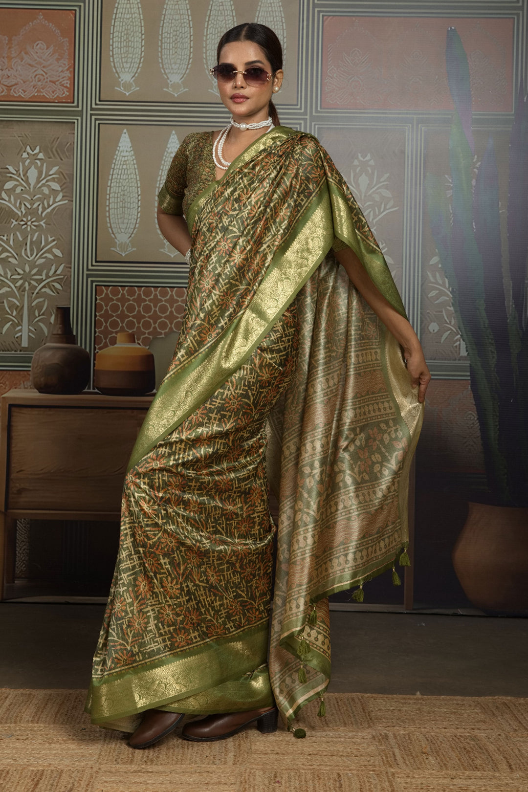 Sober Green Color Art Silk Weaving Border Printed Saree | Buy Online India