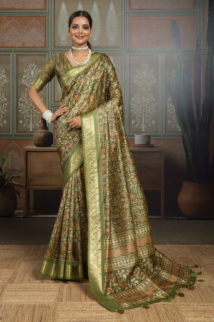 Sober Green Color Art Silk Weaving Border Printed Saree | Buy Online India