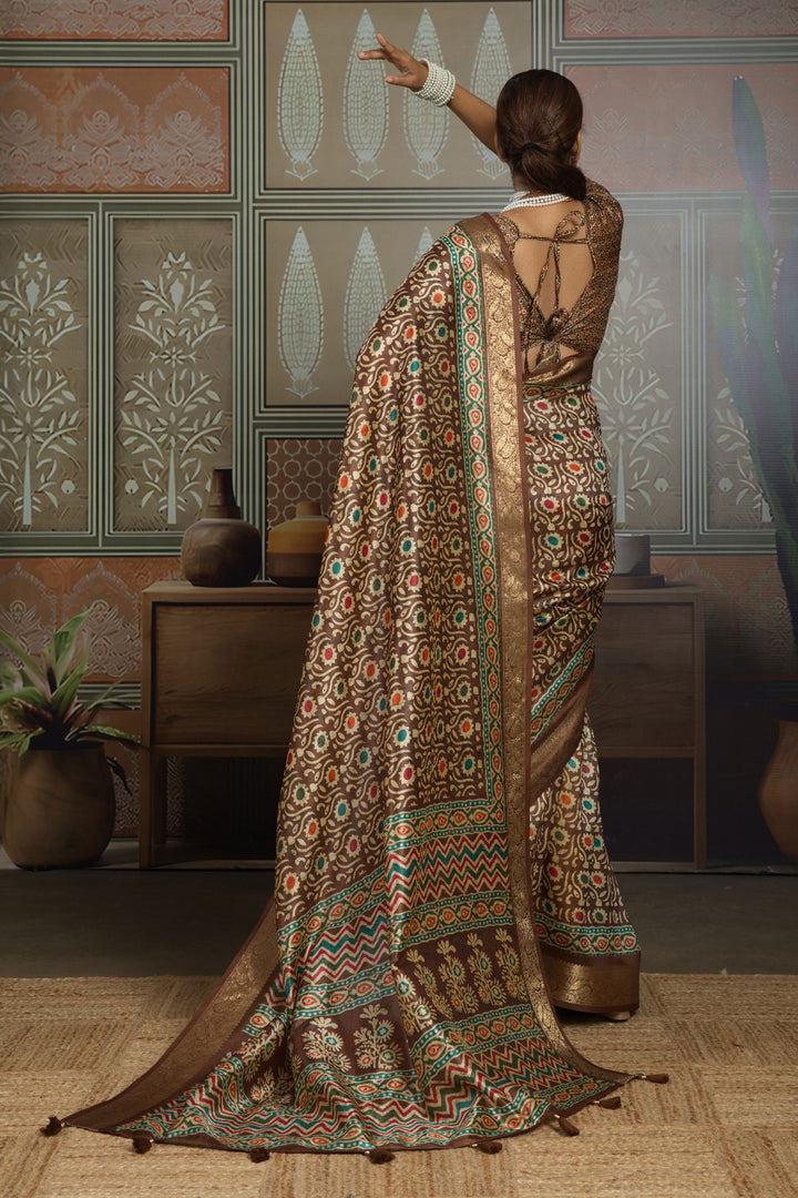 Brown Color Engaging Art Silk Weaving Border Printed Saree | Buy Online India