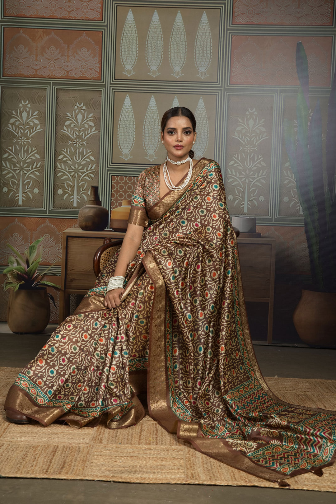 Brown Color Engaging Art Silk Weaving Border Printed Saree | Buy Online India