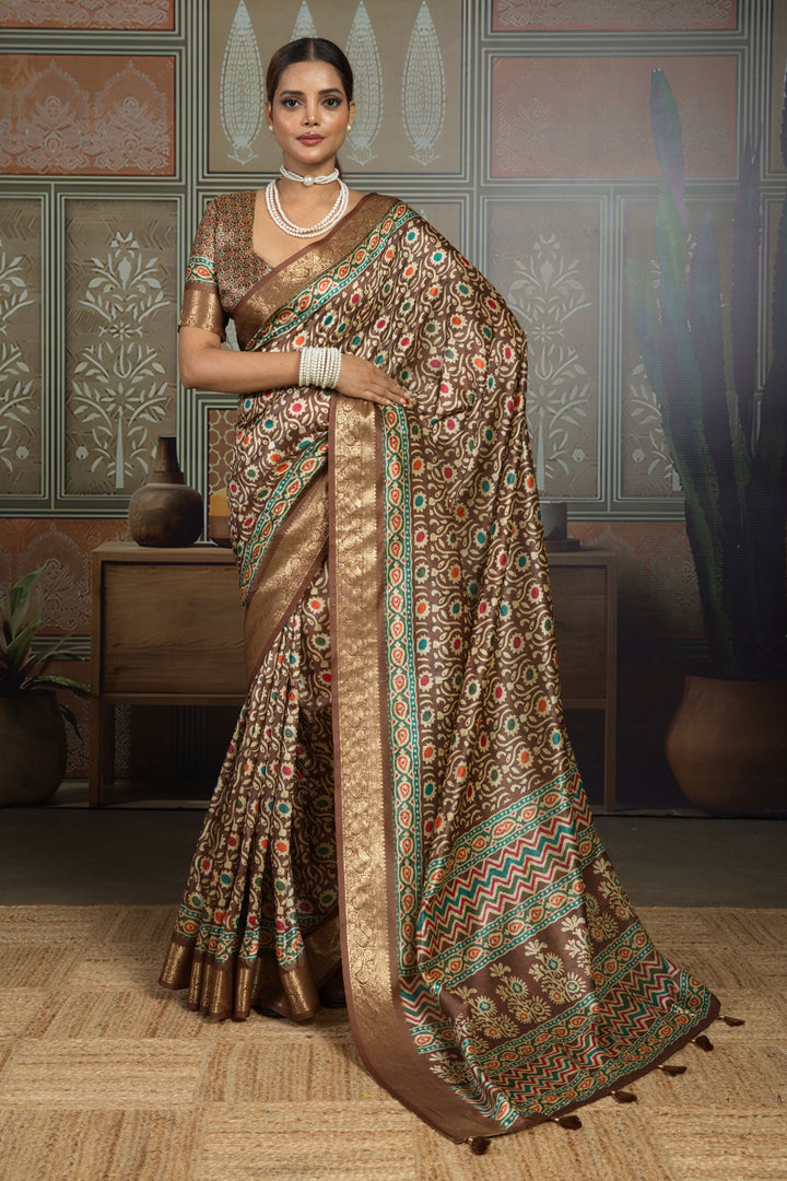 Brown Color Engaging Art Silk Weaving Border Printed Saree | Buy Online India