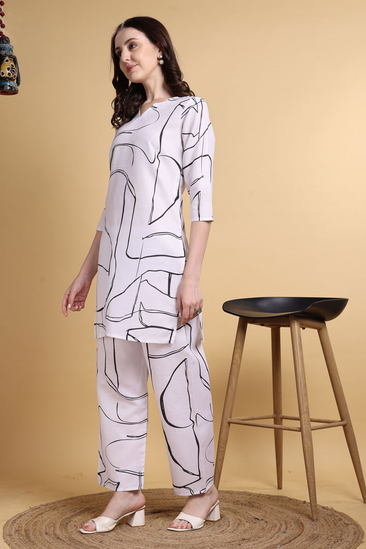 Tempting Linen White Color Printed Co-Ord Set | Buy Online India