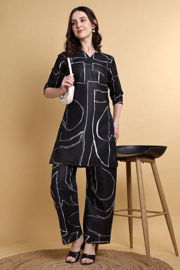 Engaging Black Color Linen Printed Co-Ord Set | Buy Online India