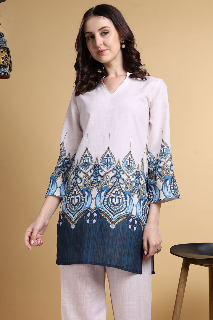 Classic Off White Color Linen Printed Co-Ord Set | Buy Online India