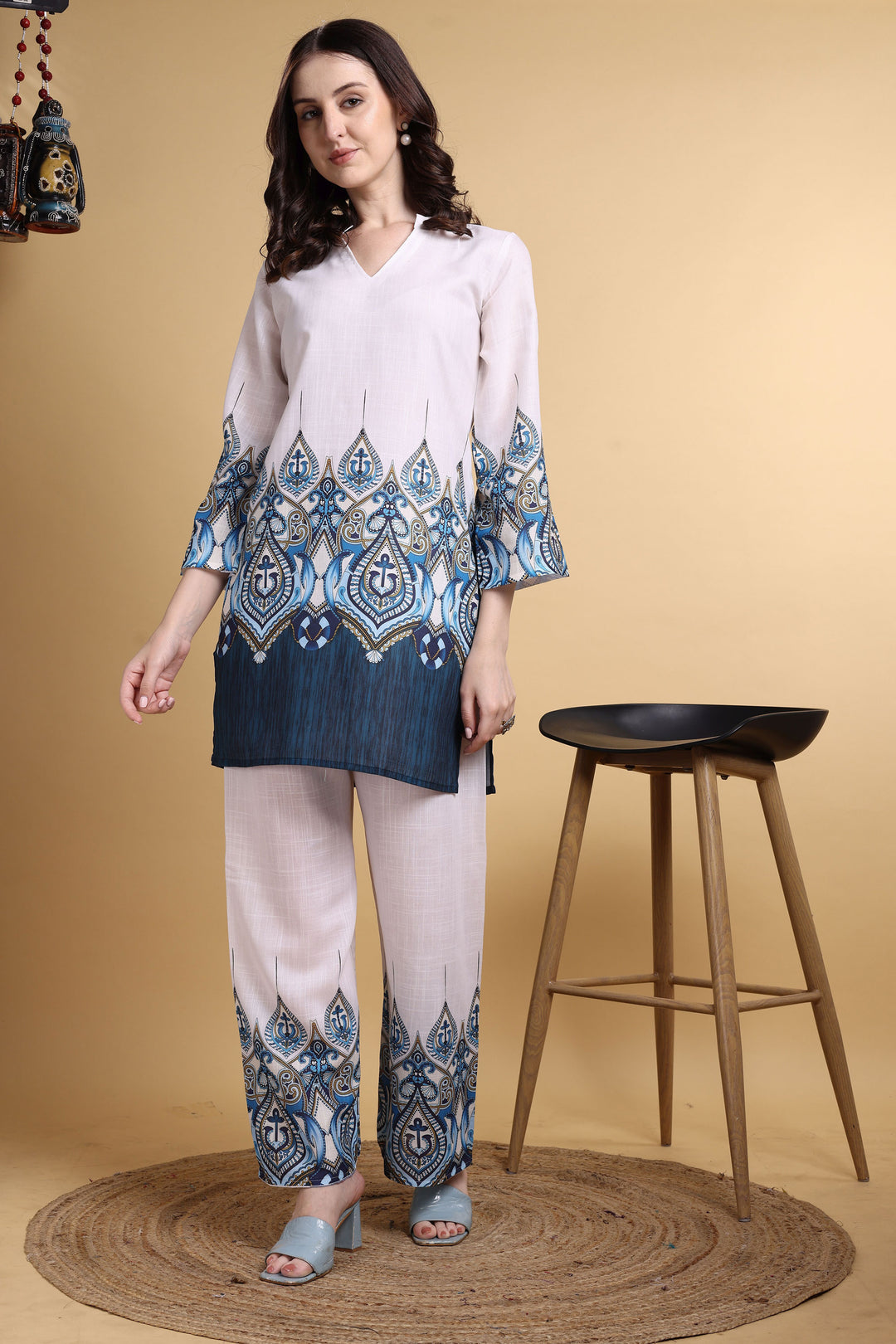 Classic Off White Color Linen Printed Co-Ord Set | Buy Online India