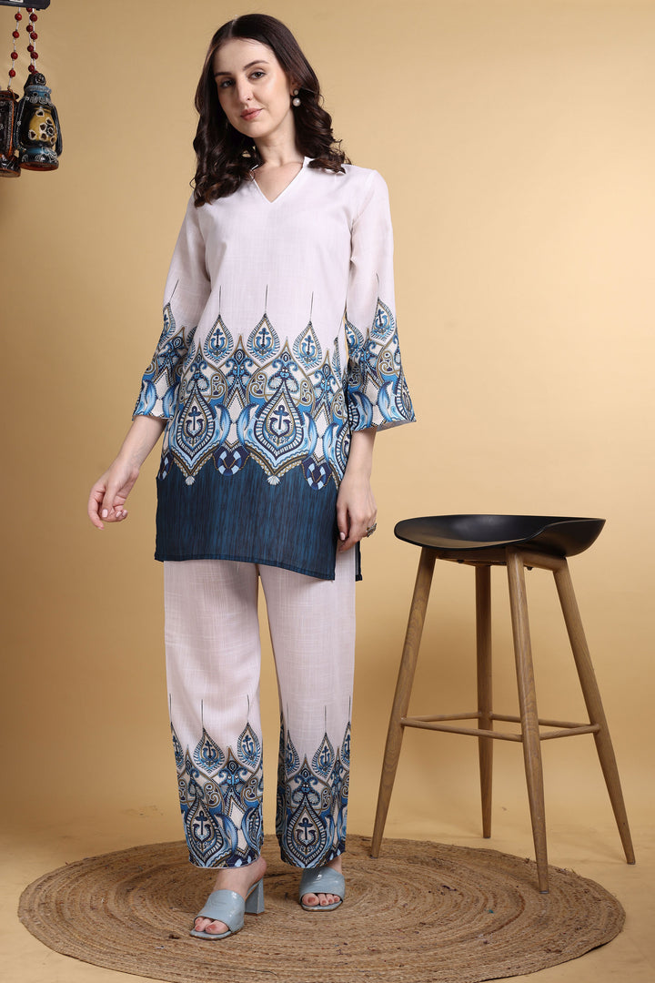 Classic Off White Color Linen Printed Co-Ord Set | Buy Online India