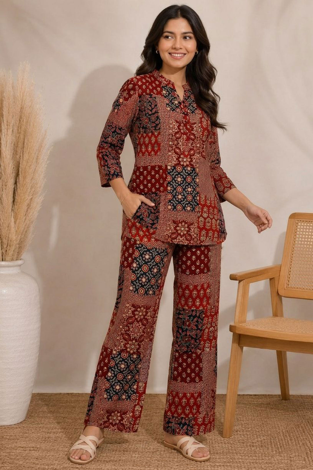 Sober Maroon Color Cotton Printed Co-Ord Set | Buy Online India