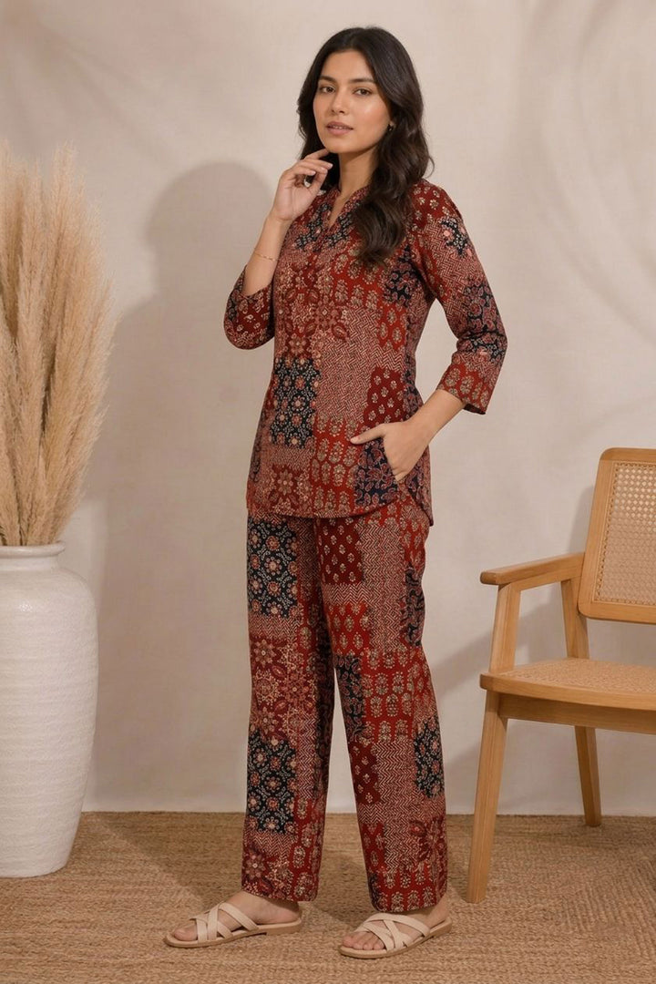 Sober Maroon Color Cotton Printed Co-Ord Set | Buy Online India