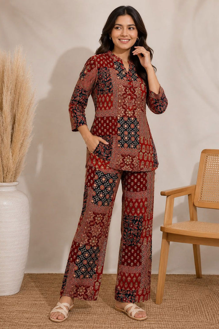 Sober Maroon Color Cotton Printed Co-Ord Set | Buy Online India
