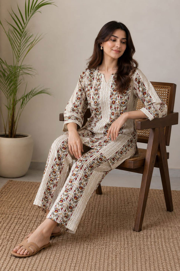 Off White Color Engaging Cotton Printed Co-Ord Set | Buy Online India