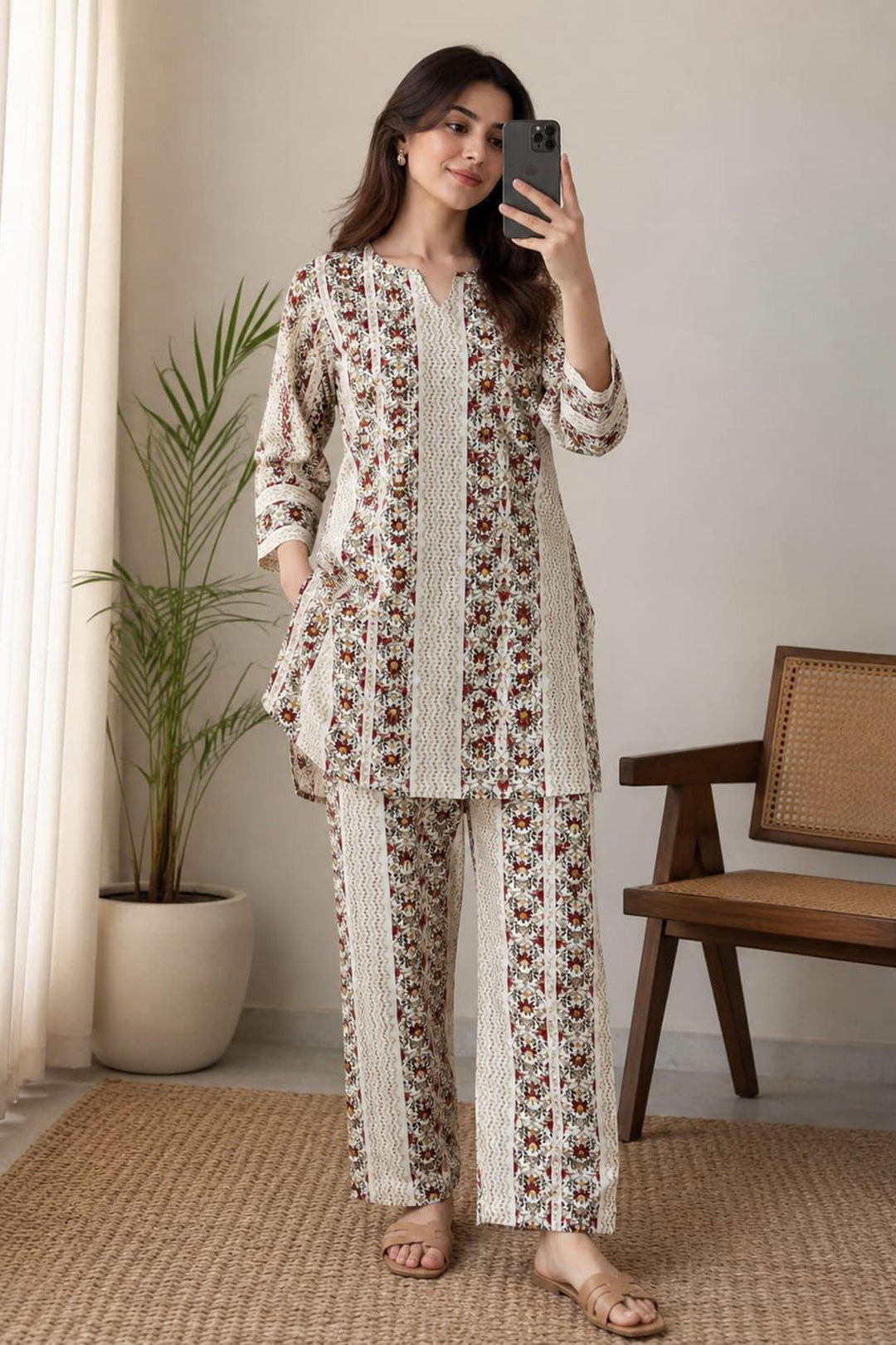 Off White Color Engaging Cotton Printed Co-Ord Set | Buy Online India