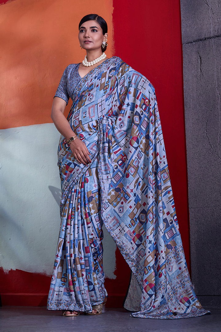 Alluring Blue Color Cotton Crepe Printed Saree