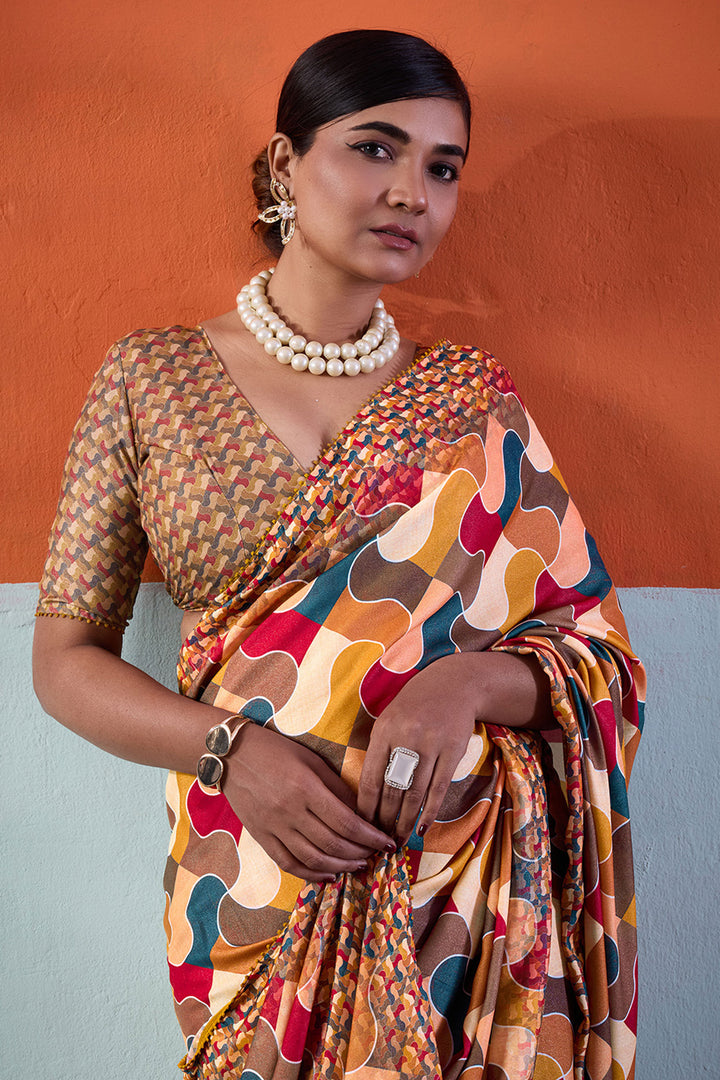 Mustard Color Brilliant Cotton Crepe Printed Saree
