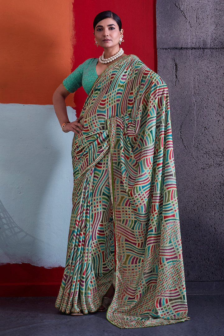 Teal Color Graceful Cotton Crepe Printed Saree