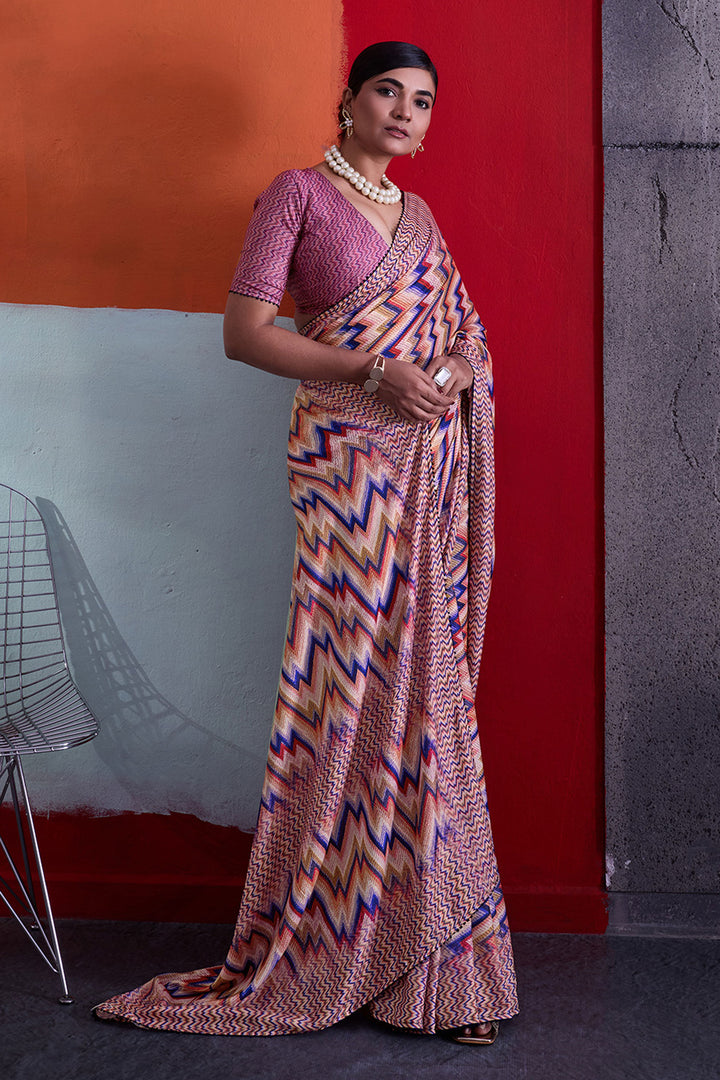 Soothing Cotton Crepe Printed Saree In Peach Color