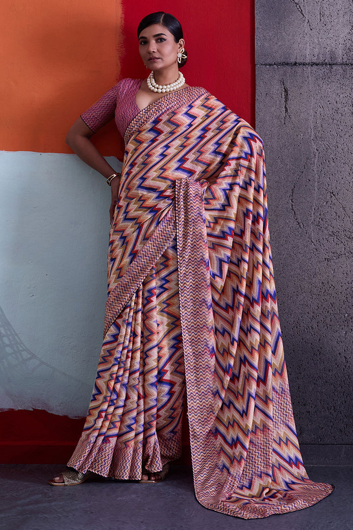 Soothing Cotton Crepe Printed Saree In Peach Color