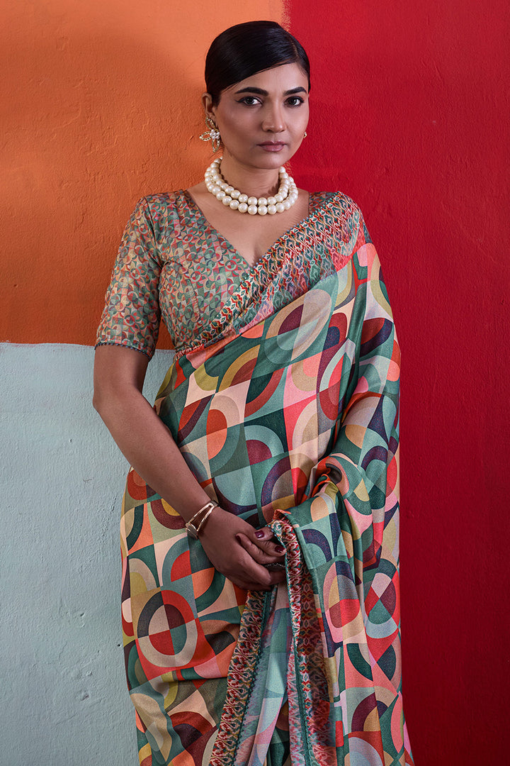 Green Color Glorious Cotton Crepe Printed Saree
