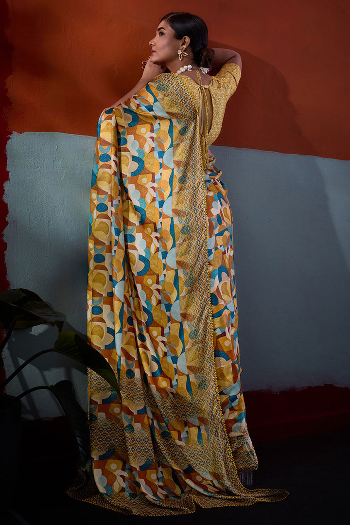 Delicate Mustard Color Cotton Crepe Printed Saree