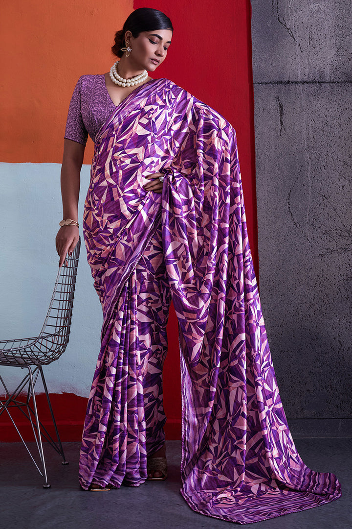 Blazing Purple Color Cotton Crepe Printed Saree