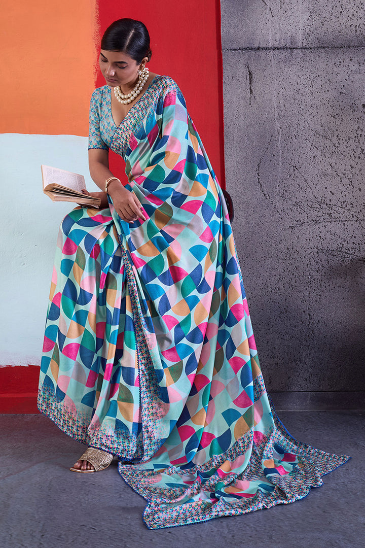 Attractive Cotton Crepe Printed Saree In Blue Color