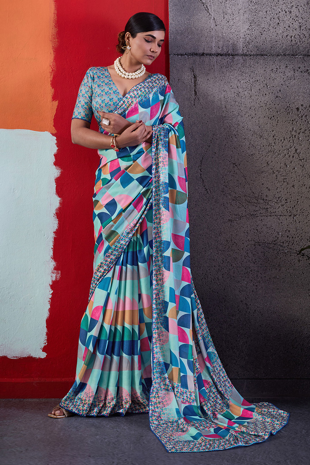 Attractive Cotton Crepe Printed Saree In Blue Color